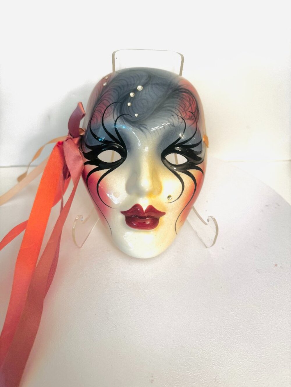 Vtg Ceramic Face Mask 5x7" Hand Painted Decor Mardi Gras Style Signed B.Mattern